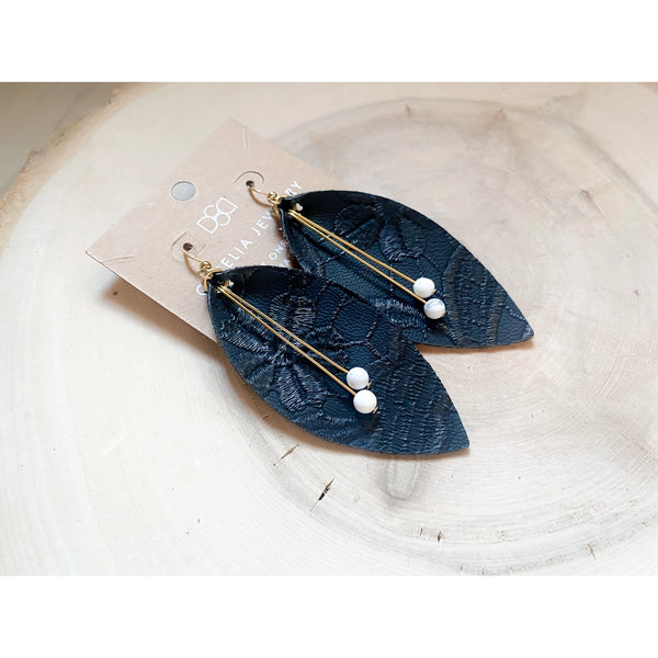 Large Feather and Gemstone Earrings - Black Floral