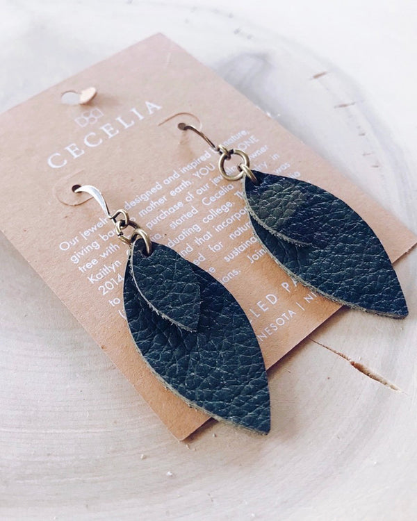 Small Double Feather Leather Earrings -Camo