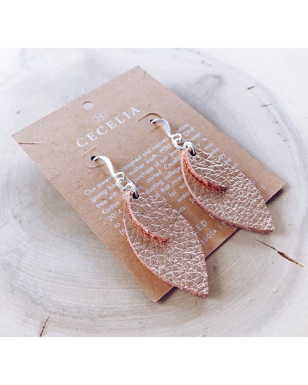 Small Double Feather Leather Earrings - Rose Gold