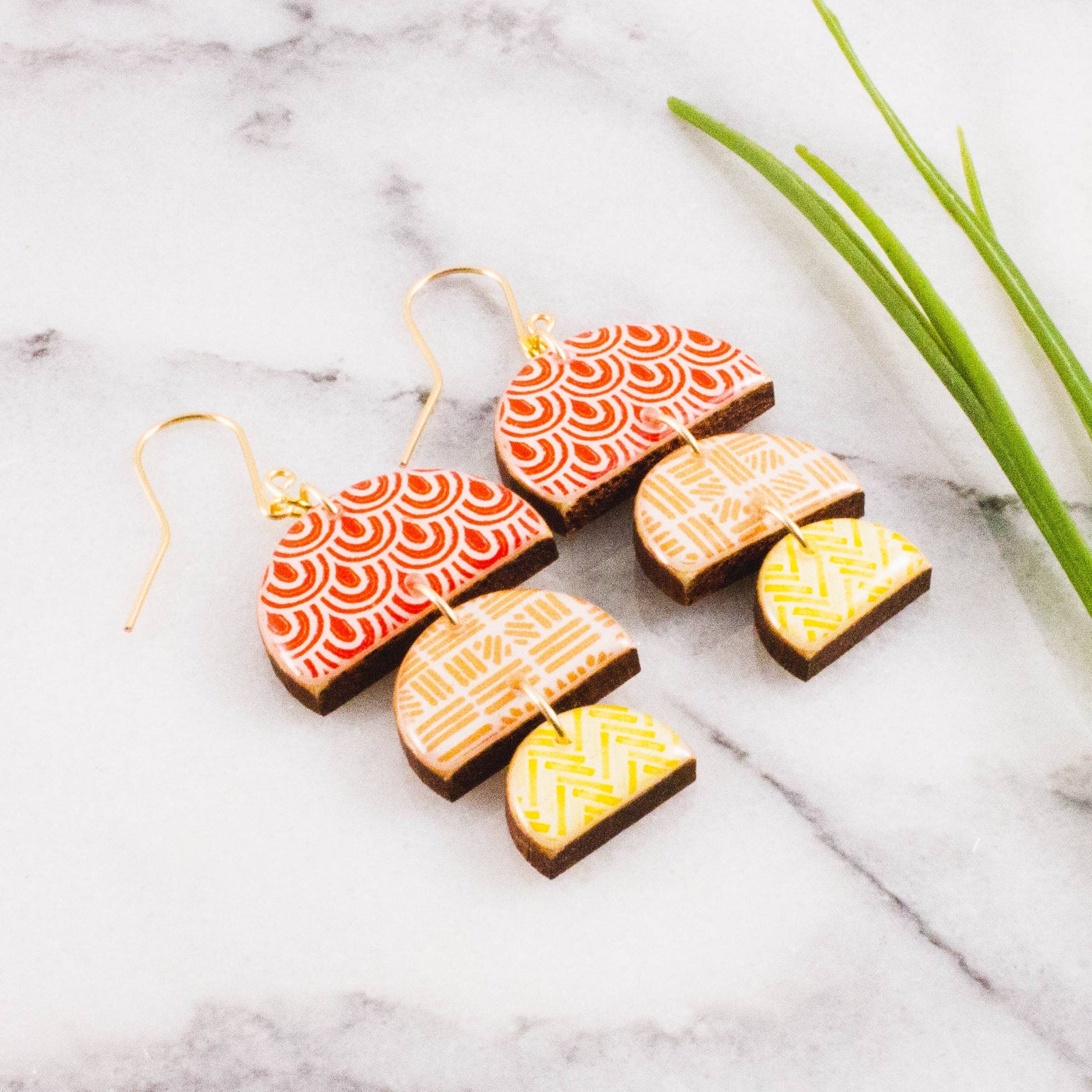 Triple Half Circle Stack Earrings- Red + Orange + Yellow