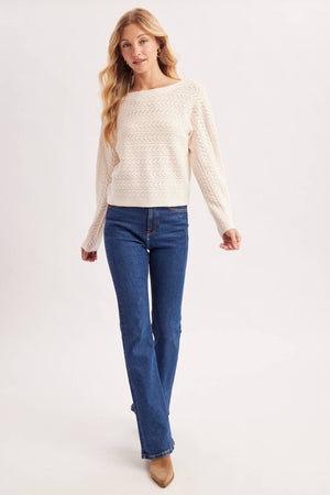 CHEVRON POINTELLE BOAT-NECK KNIT SWEATER PULLOVER