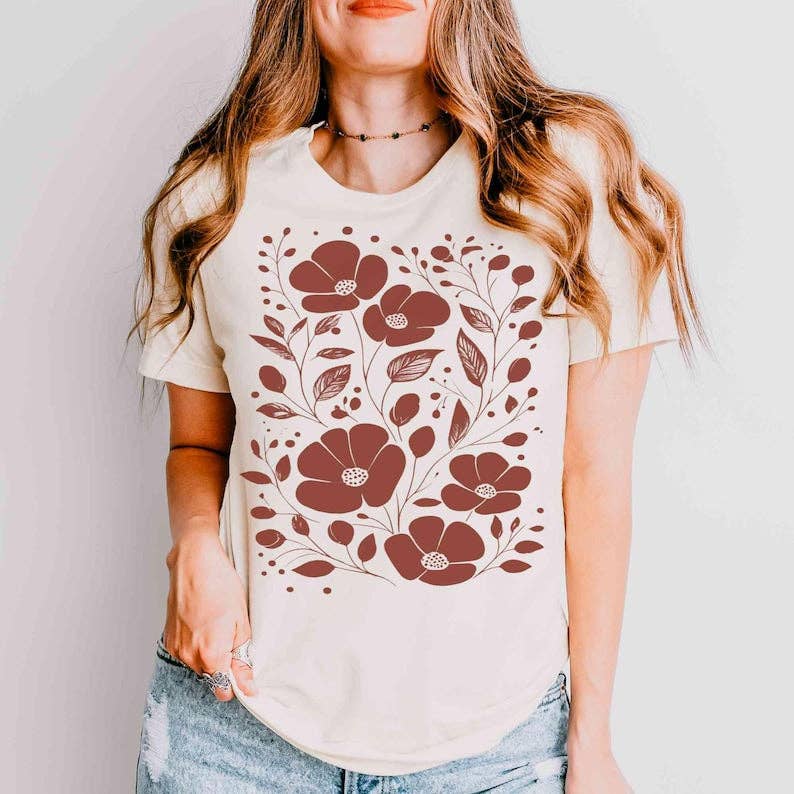 Crimson Boho Floral Tee - Natural