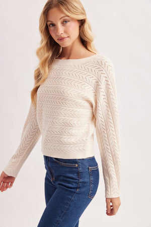CHEVRON POINTELLE BOAT-NECK KNIT SWEATER PULLOVER