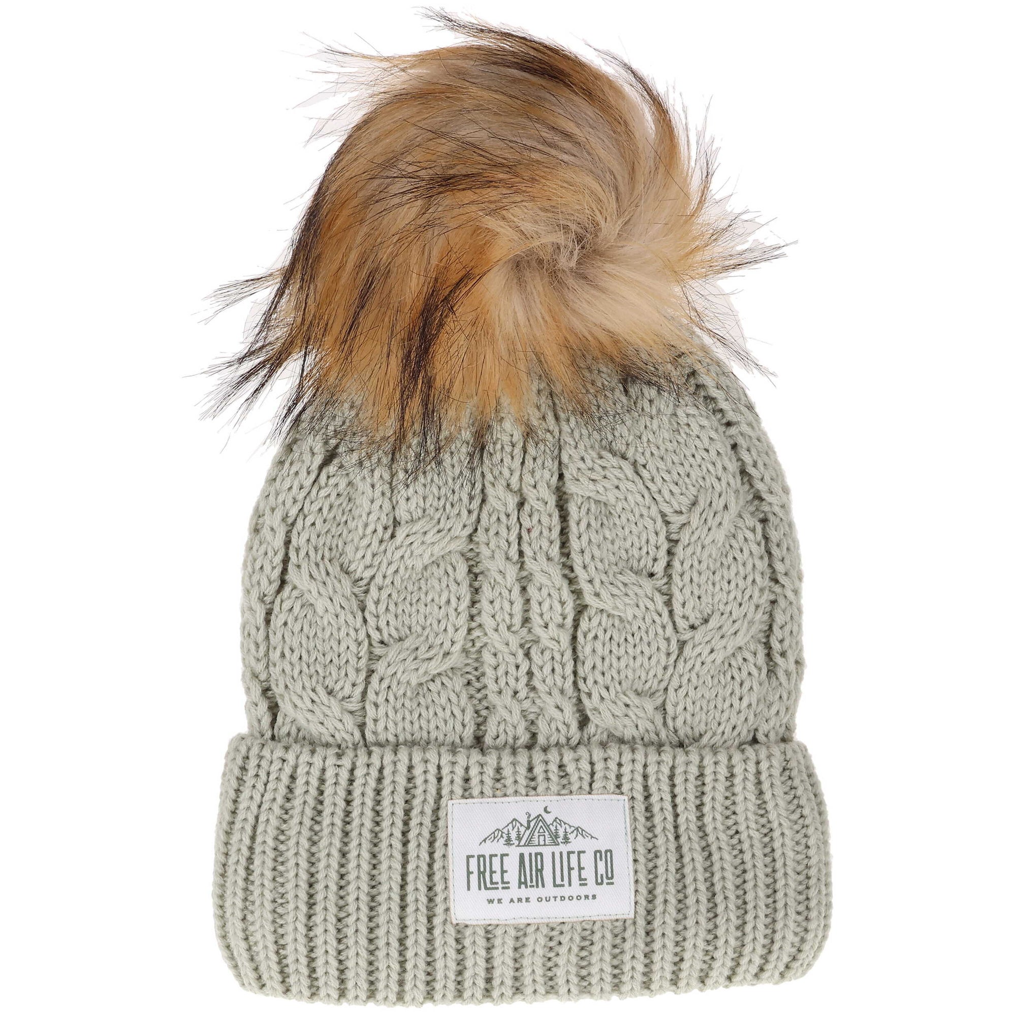 Slife Cable Knit Faux Fur Pom Beanie - Aloe