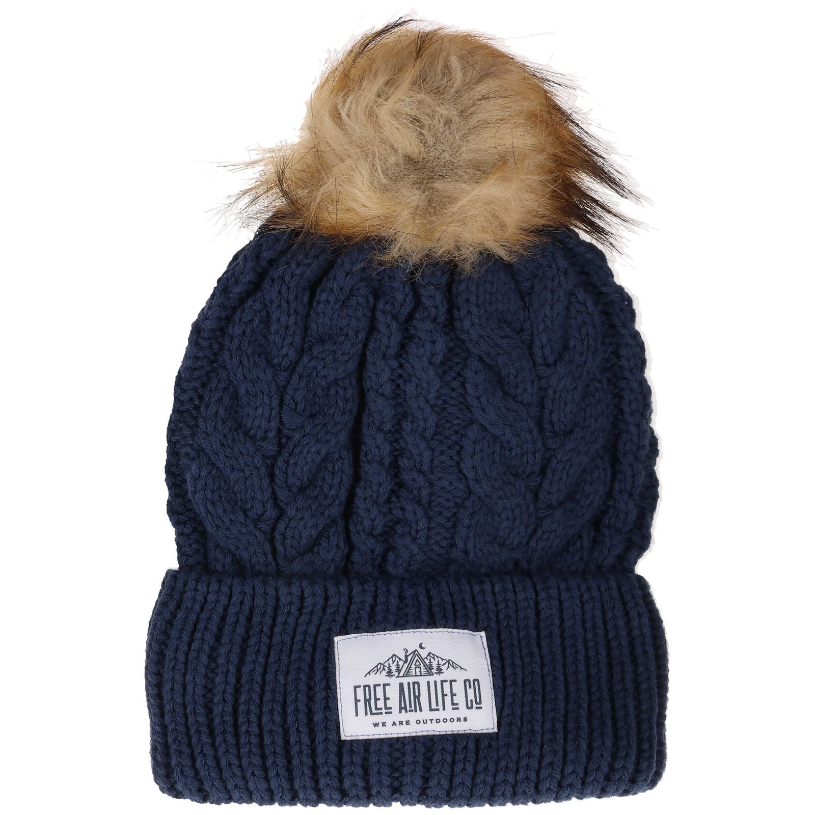Slife Cable Knit Faux Fur Pom Beanie - Navy