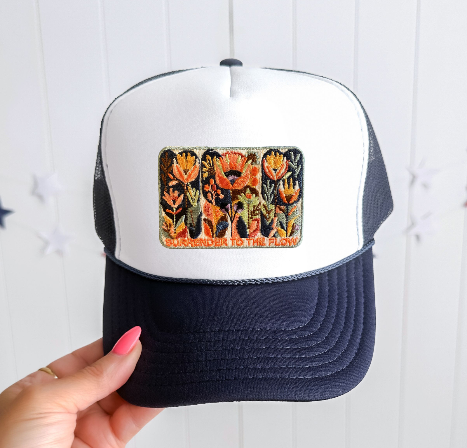 Floral Surrender to the Flow Trucker Hat - Navy