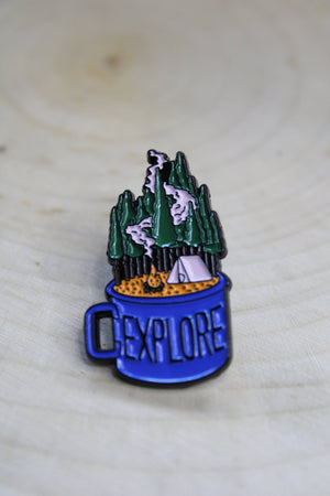 Explore, But After Coffee First - Camping Metal & Enamel Pin