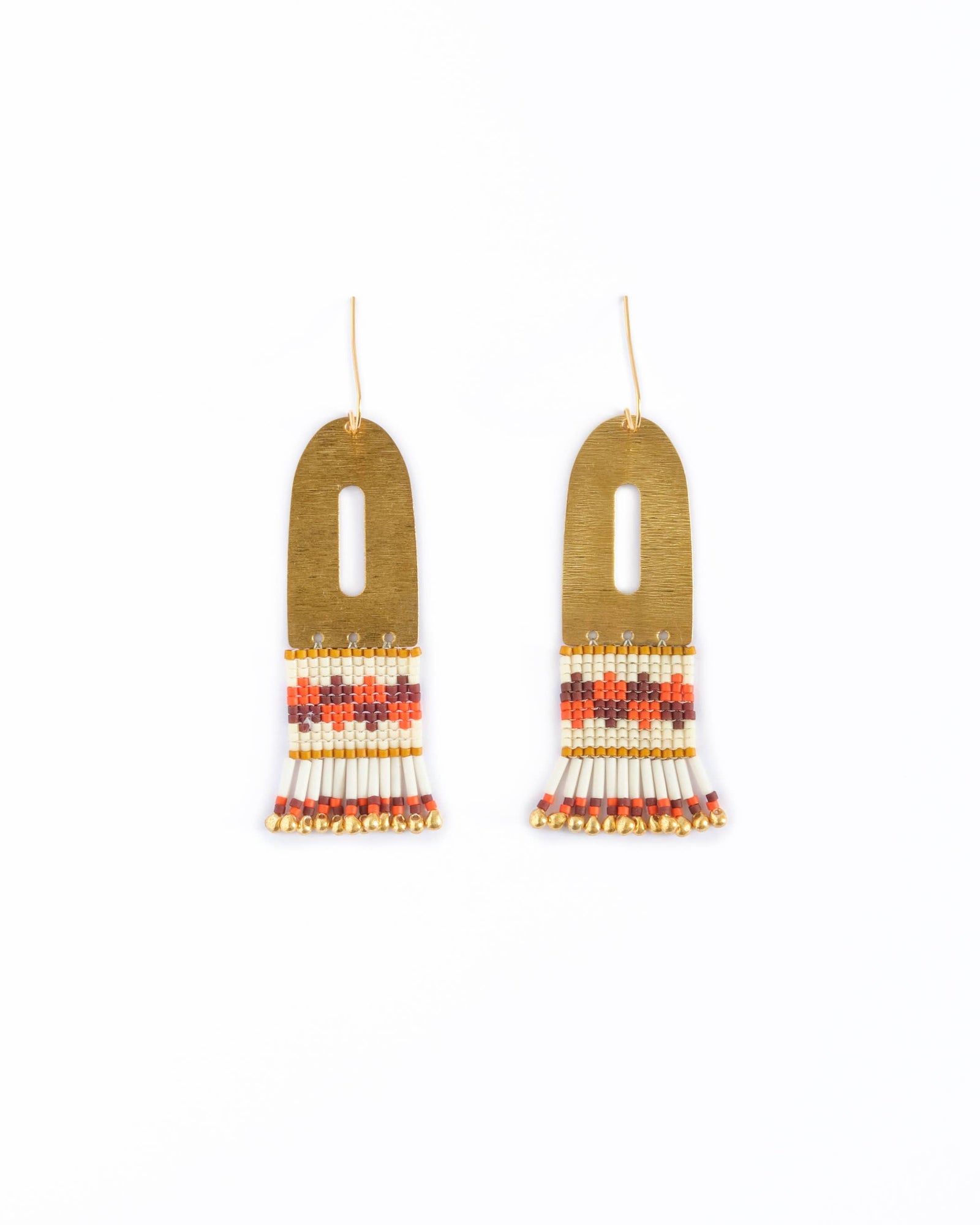 Beaded Handwoven Color Block Brass Earrings (Brown/Orange)