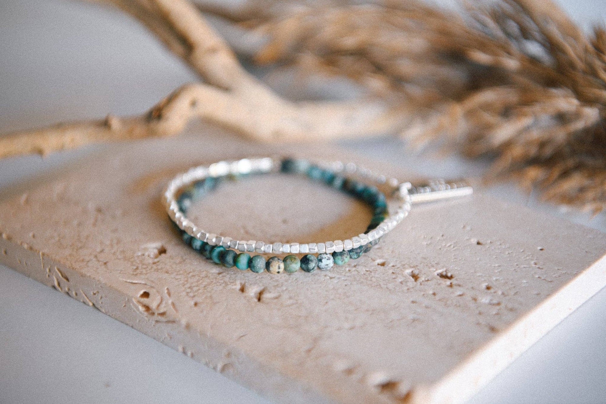 Gemstone Double Wrap Silver Beaded Bracelet