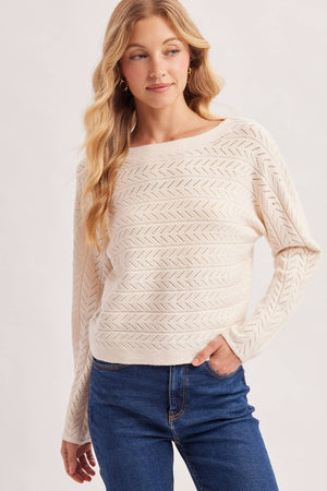 CHEVRON POINTELLE BOAT-NECK KNIT SWEATER PULLOVER