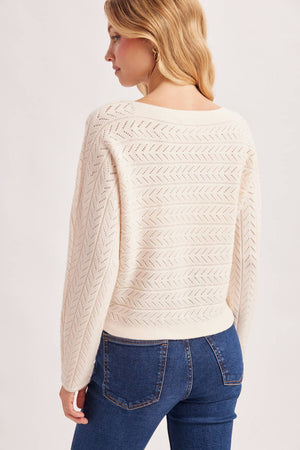 CHEVRON POINTELLE BOAT-NECK KNIT SWEATER PULLOVER
