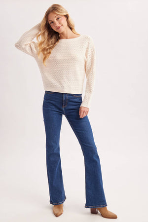 CHEVRON POINTELLE BOAT-NECK KNIT SWEATER PULLOVER