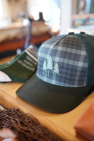 Three Tree Embroidered Trucker- Plaid/Green