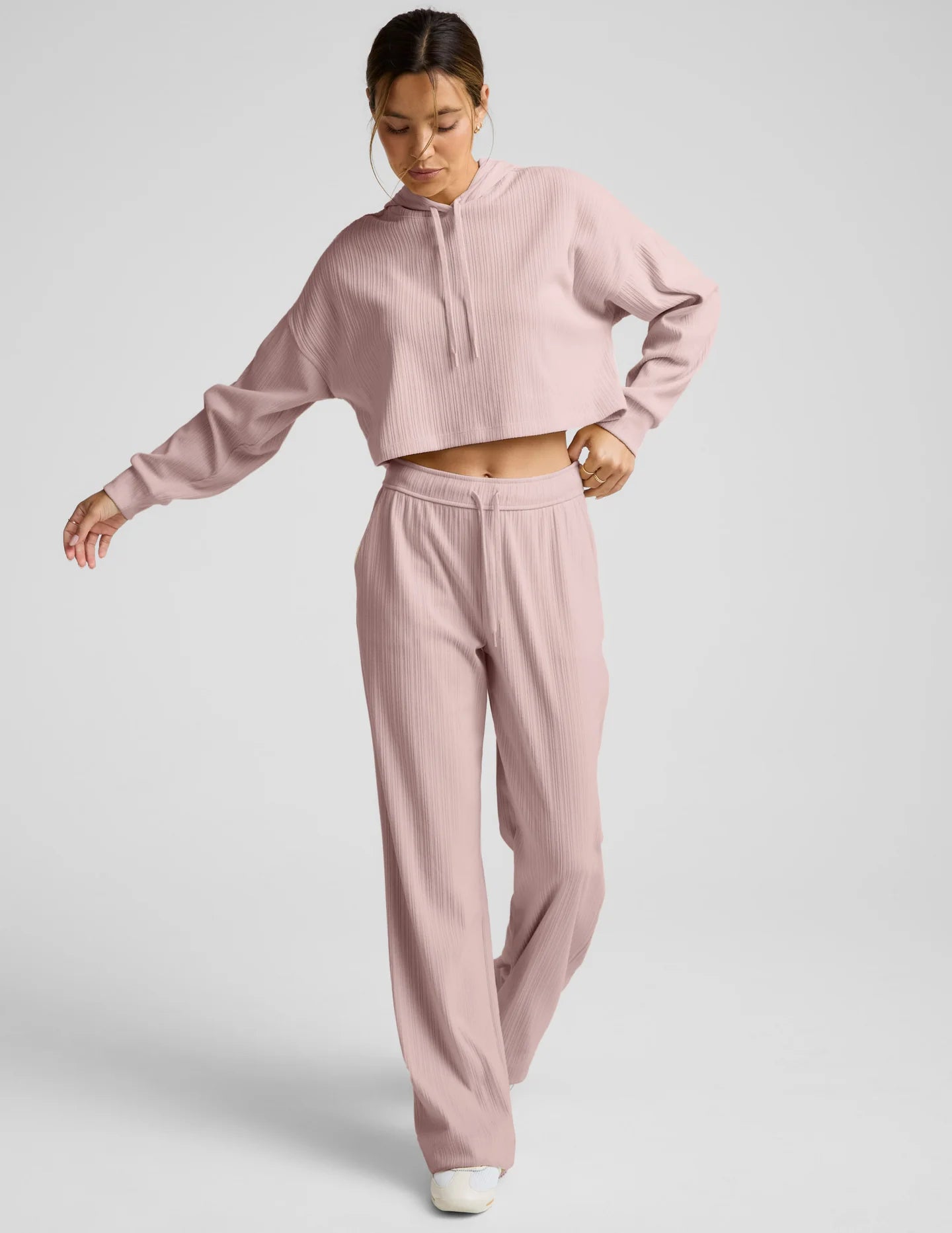 Breathe Easy Ribbed Cropped Hoodie - Pale Pink