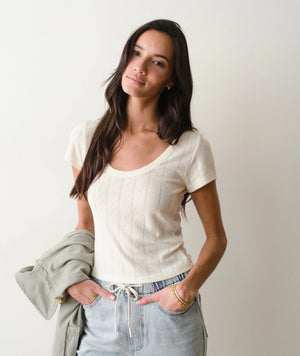 Lexi Pointelle Scoop Tee - Antique White