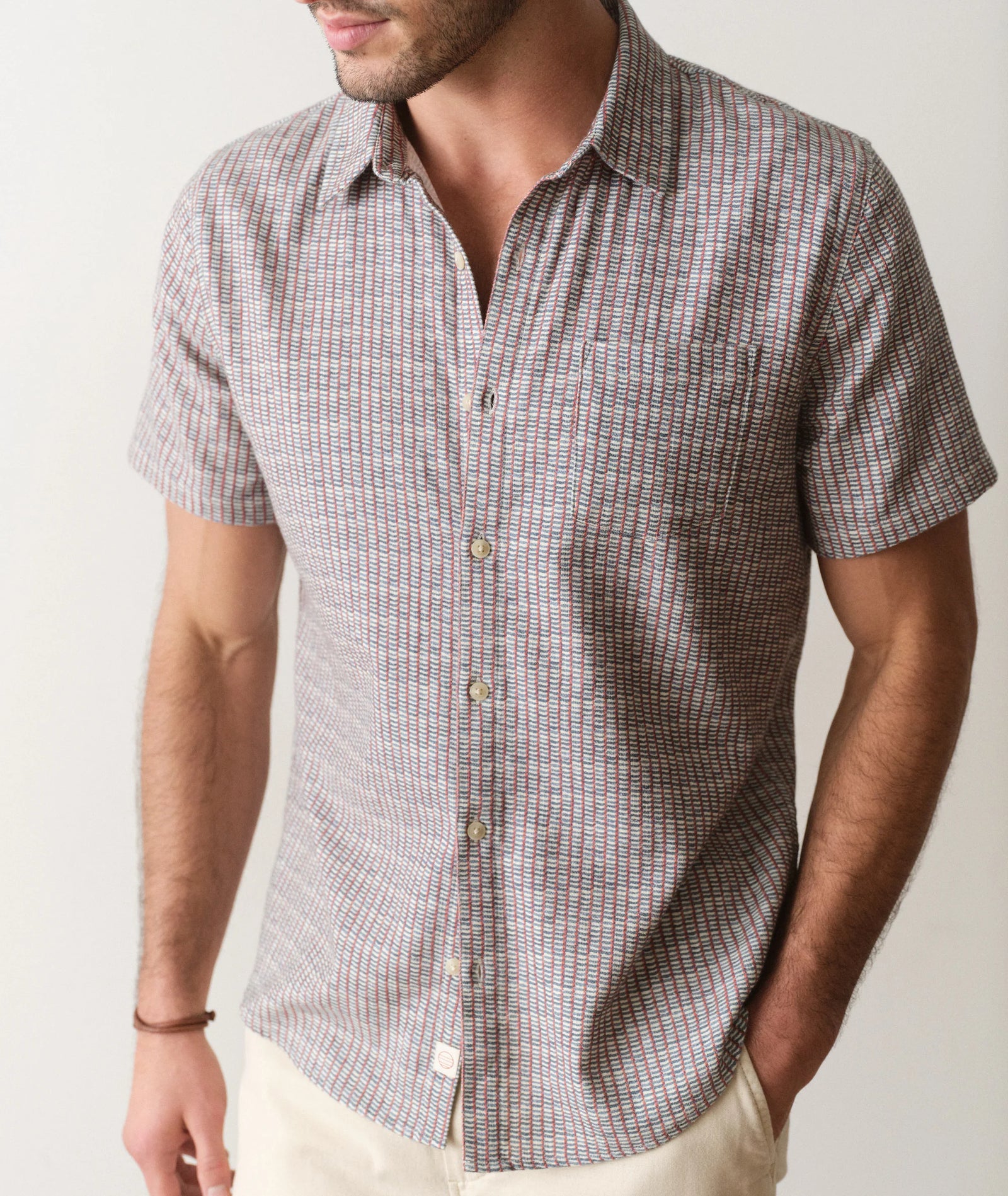 Stretch Selvage Short Sleeve Shirt - Green Matchstick Print