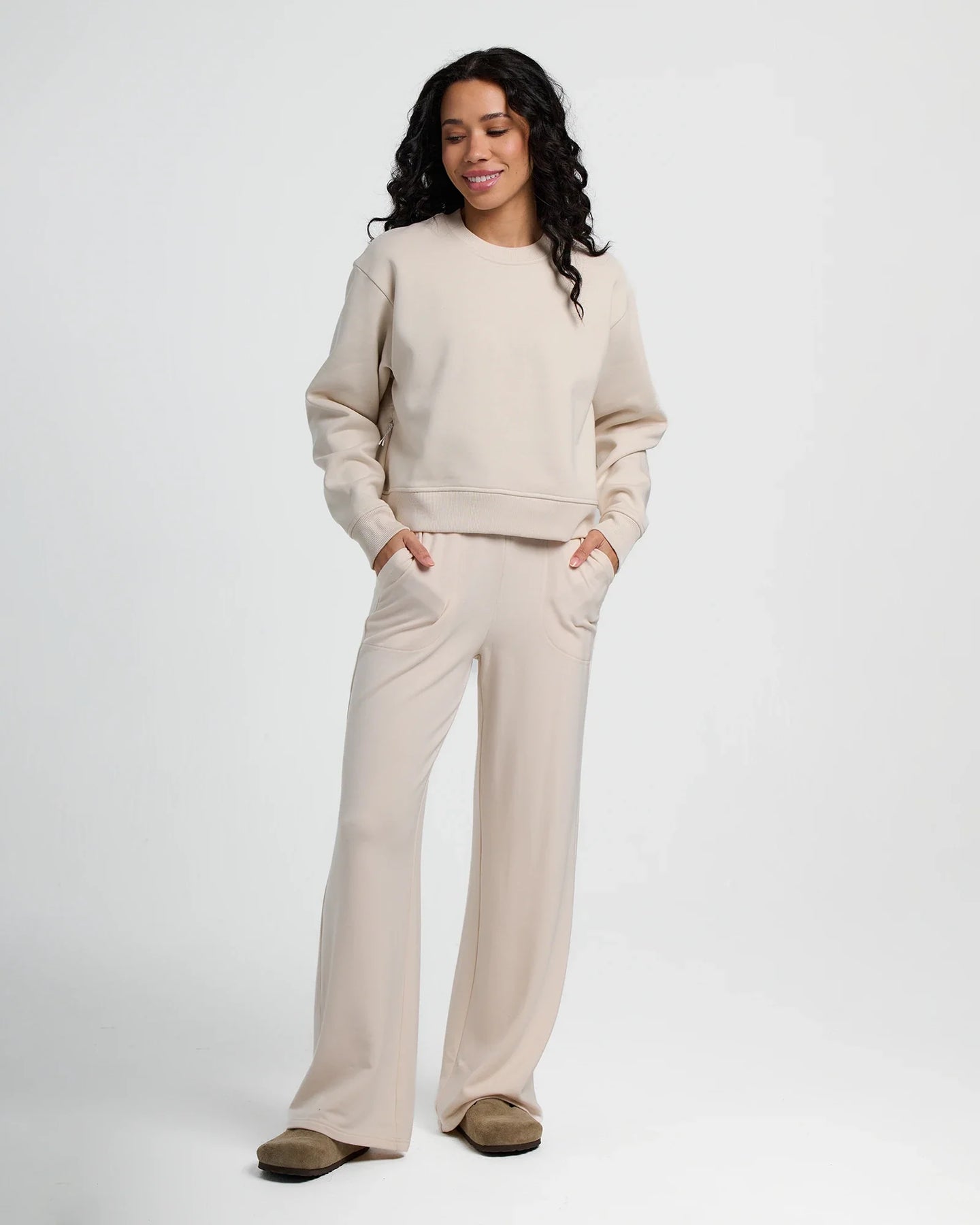 Women's Bamboo Lightweight Fleece Wide Leg Pant - Stone