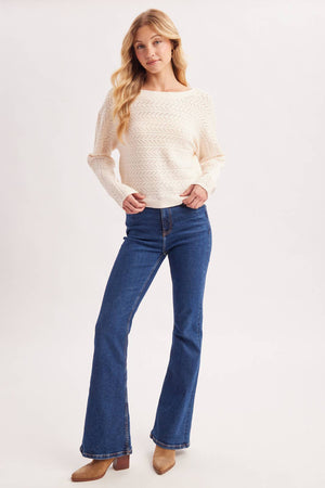 CHEVRON POINTELLE BOAT-NECK KNIT SWEATER PULLOVER