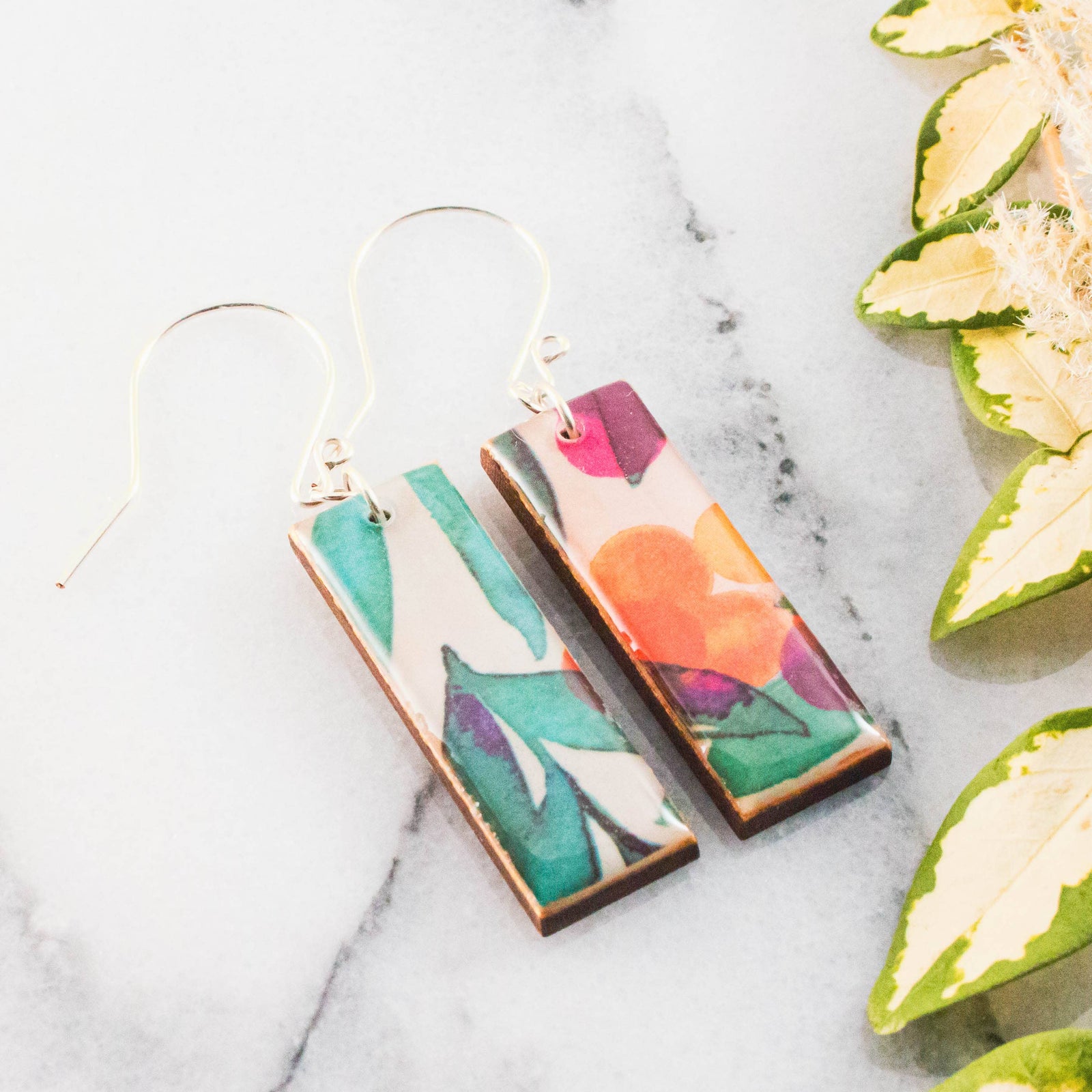 Modern Watercolor Floral Rectangle Earrings