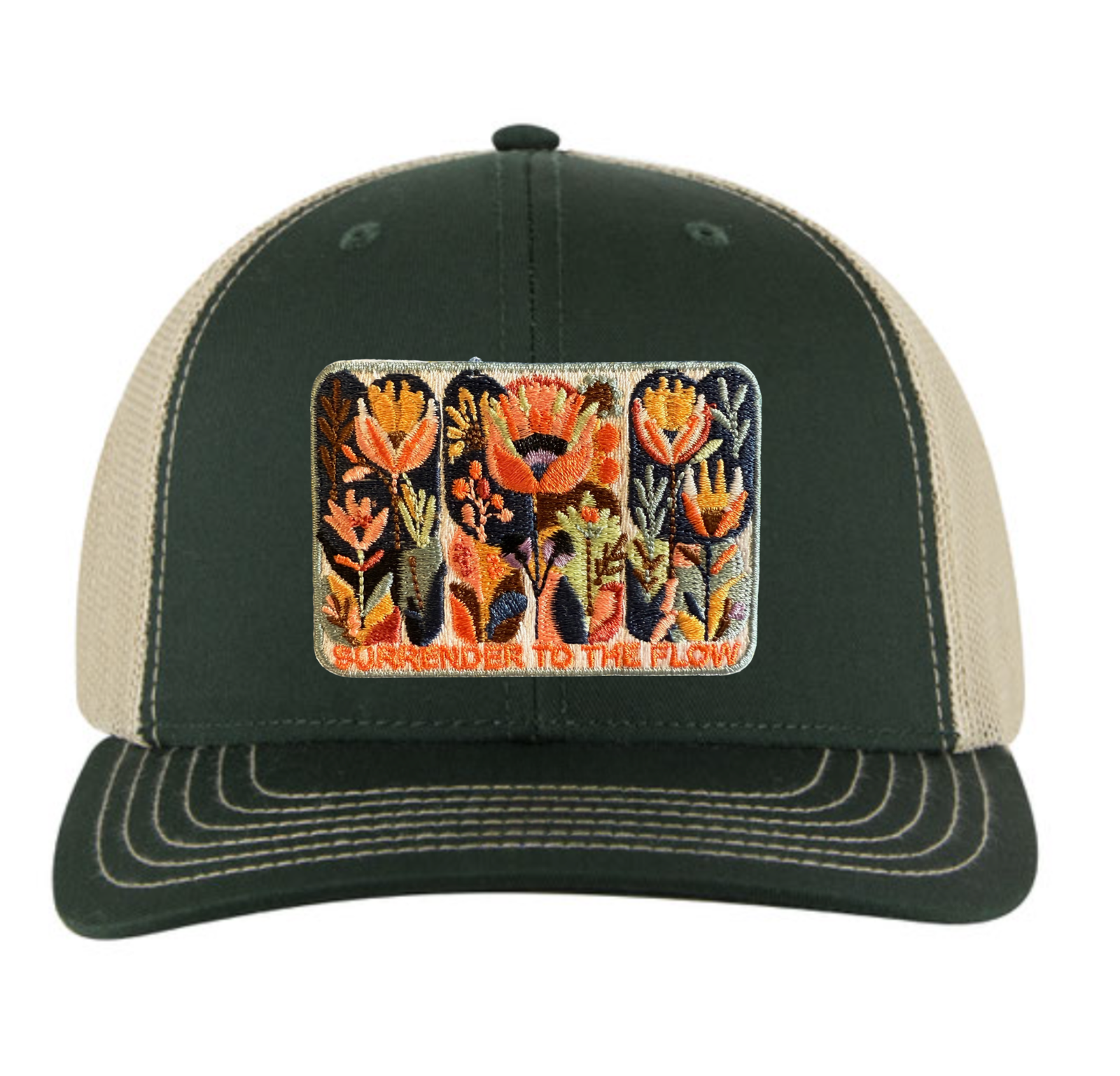 Floral Surrender to the Flow Trucker Hat - Olive Green