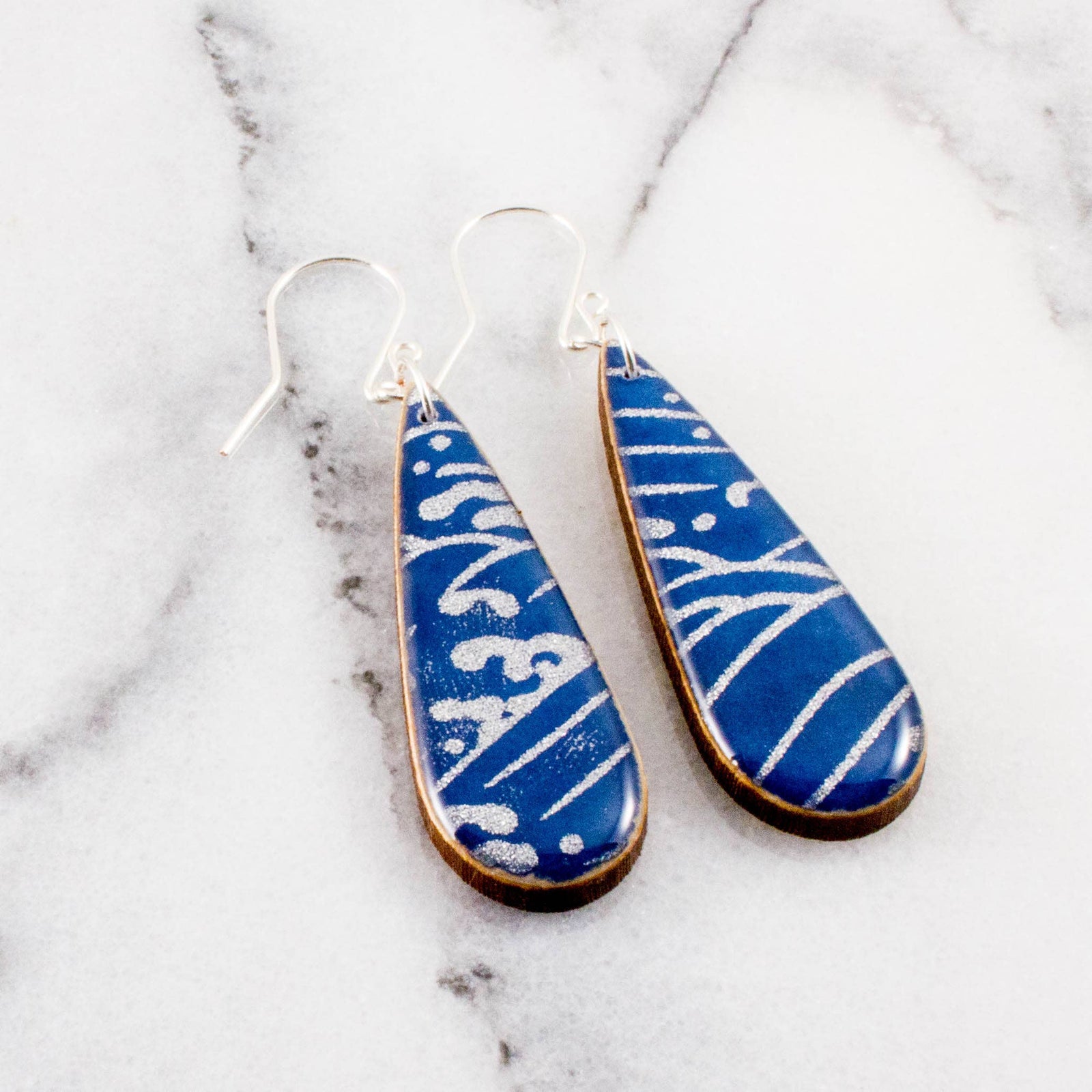 Blue + Silver Wave Teardrop Earrings