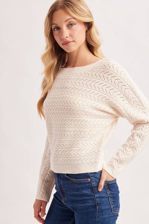 CHEVRON POINTELLE BOAT-NECK KNIT SWEATER PULLOVER