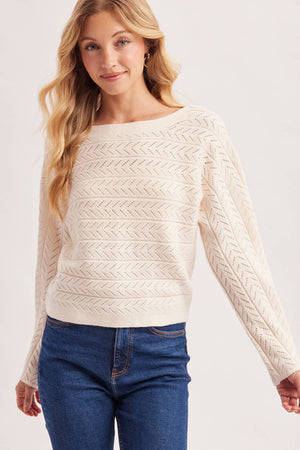 CHEVRON POINTELLE BOAT-NECK KNIT SWEATER PULLOVER