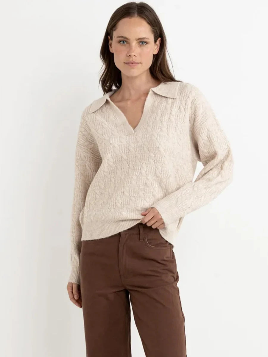 Lexie V-Neck Collared Sweater - Natural