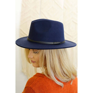 Wool Double Leather Ribbon Fedora - Navy