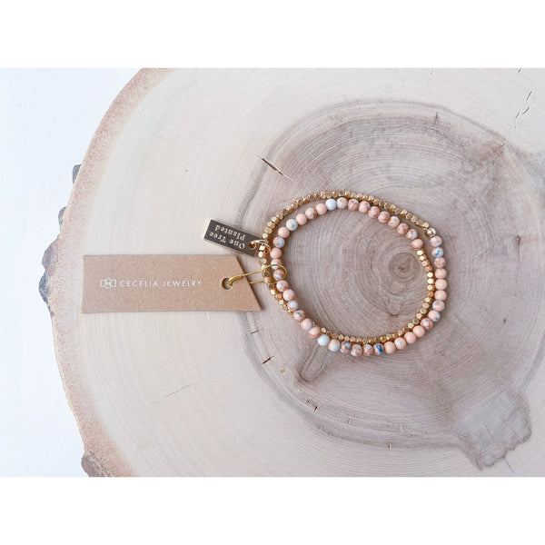 Gemstone/Gold Beads Double Wrap Bracelet - Pink Stone