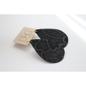 Large Teardrop Leather Earrings - Black Floral