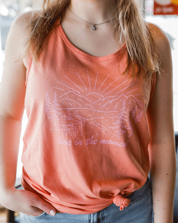 Live in the Moment Ladies Racerback Tank- Sunset