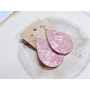 Large Teardrop Leather Earrings - Blush Floral