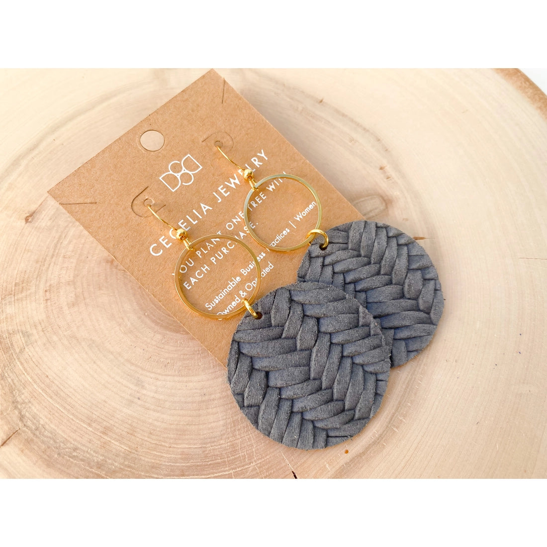 Large Round Leather Earring - Grey Braided