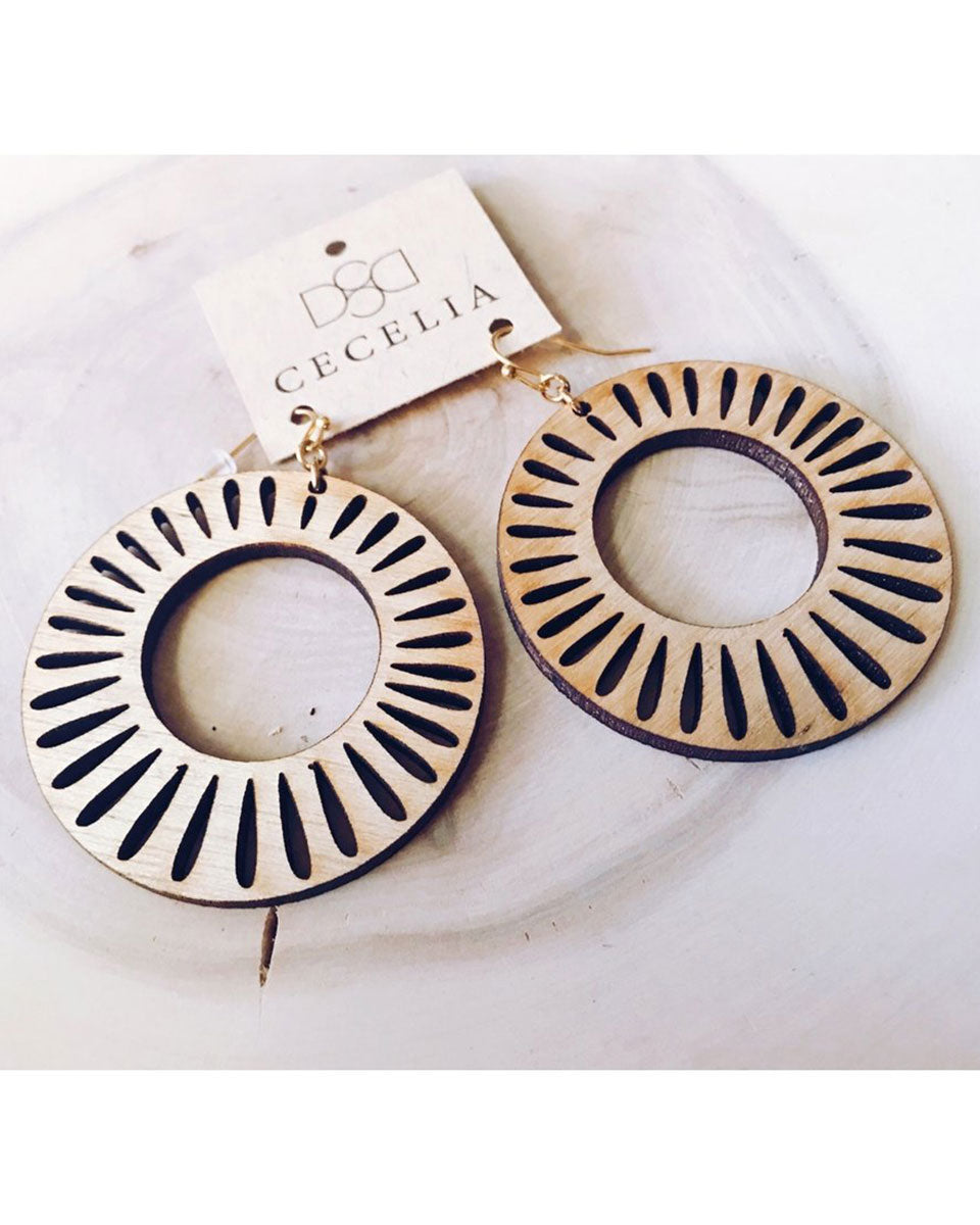 Wood Earrings - Sunburst Wood Hoop