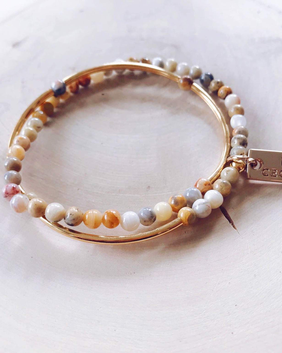 Gold Bar Gemstone Double Wrap Bracelet - Grey Agate