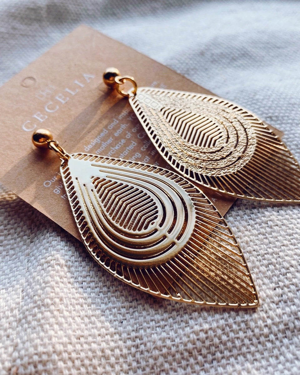 Hepburn Filigree Pendant Earrings Gold Feather