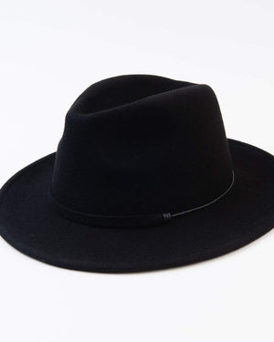 Flat Brim Wool Fedora w/Trim-Black