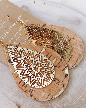 Star Teardrop Filagree Leather Earrings - Cork